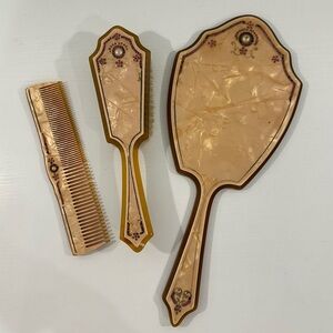Vintage Pyramid 1920s 1930s Pearlized Celluloid Vanity Set Mirror Brush Comb